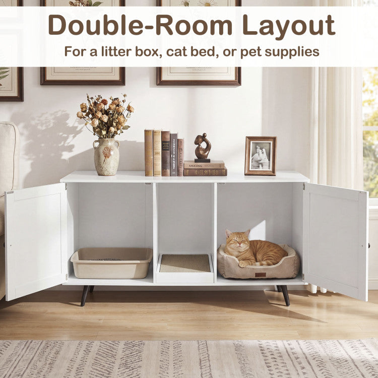 Double Cat Litter Box Enclosure for 2 Cats with Scratching Pad and Double Rooms