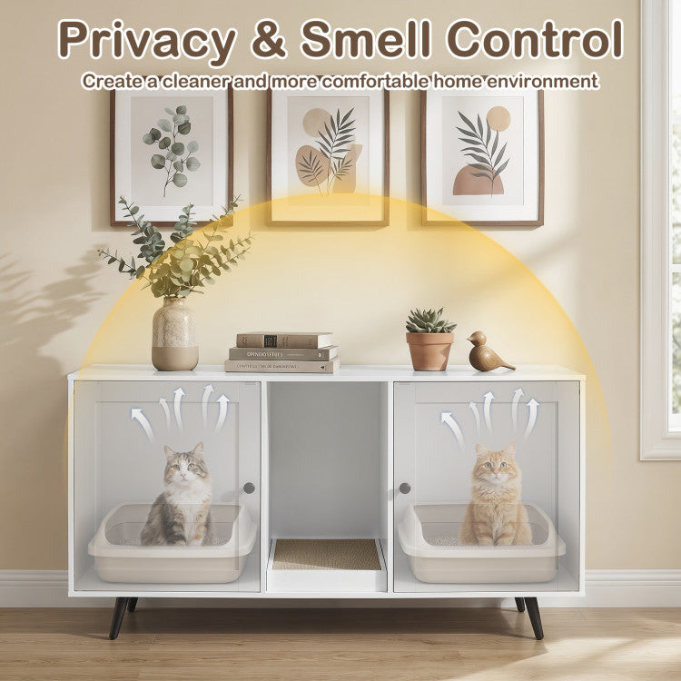 Double Cat Litter Box Enclosure for 2 Cats with Scratching Pad and Double Rooms
