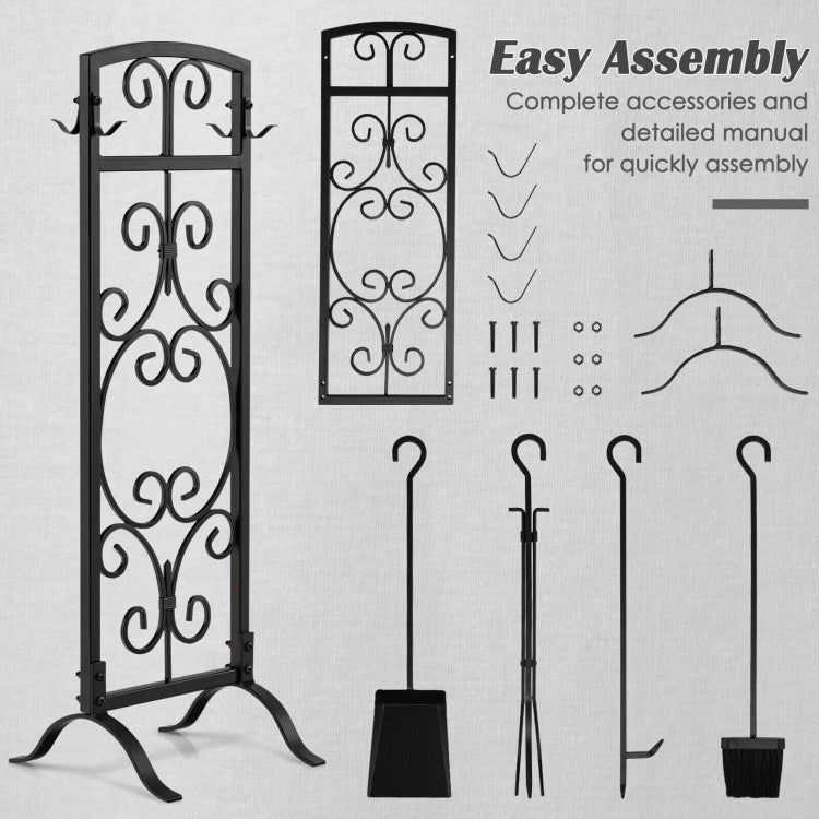 5 Piece Wrought Iron Fireplace Tools with Decor Holder