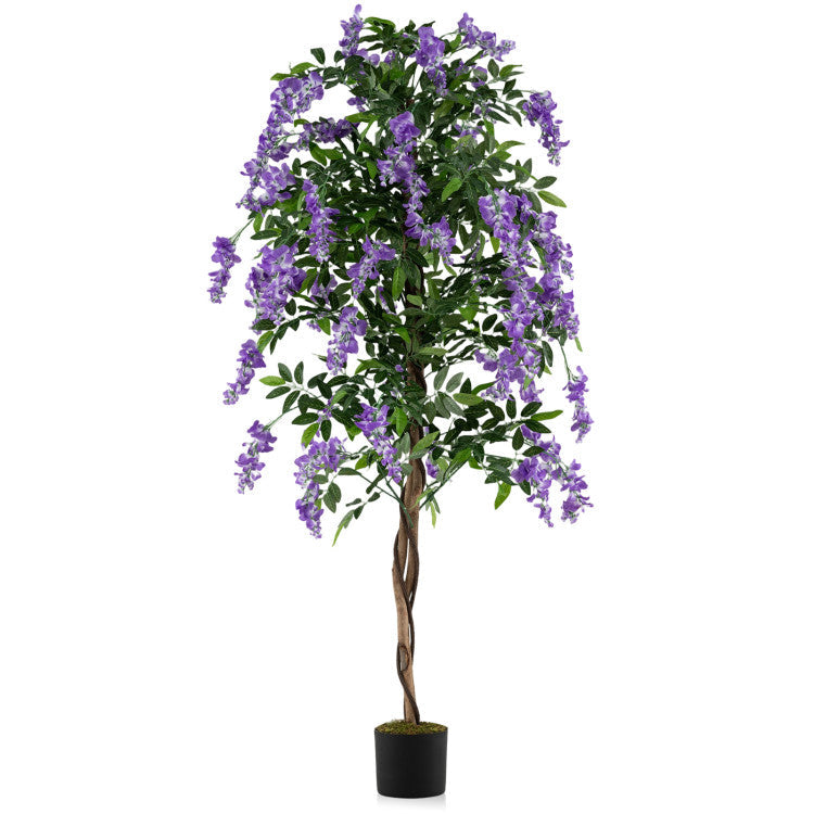 Set of 1/2 Fake Ficus Plant 6 FT Artificial Wisteria Tree with Natural Trunks and Purple Lifelike Flowers