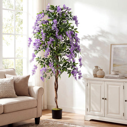 Set of 1/2 Fake Ficus Plant 6 FT Artificial Wisteria Tree with Natural Trunks and Purple Lifelike Flowers