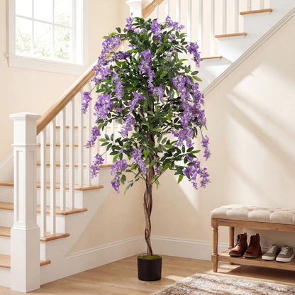 Set of 1/2 Fake Ficus Plant 6 FT Artificial Wisteria Tree with Natural Trunks and Purple Lifelike Flowers