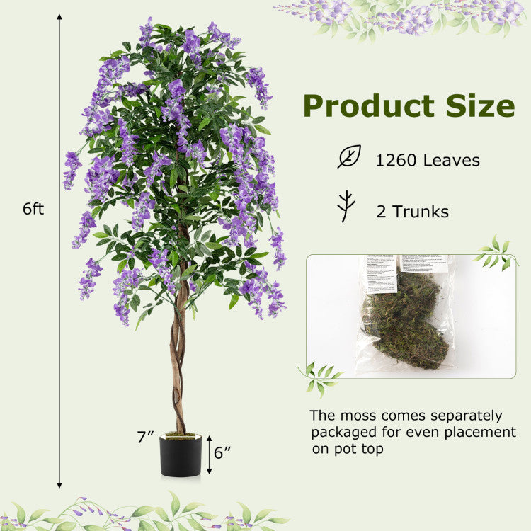 Set of 1/2 Fake Ficus Plant 6 FT Artificial Wisteria Tree with Natural Trunks and Purple Lifelike Flowers