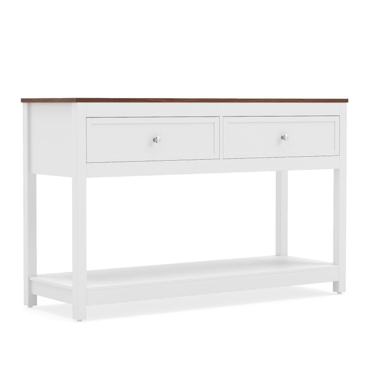 Farmhouse Console Table with 2 Drawers & Open Storage Shelf
