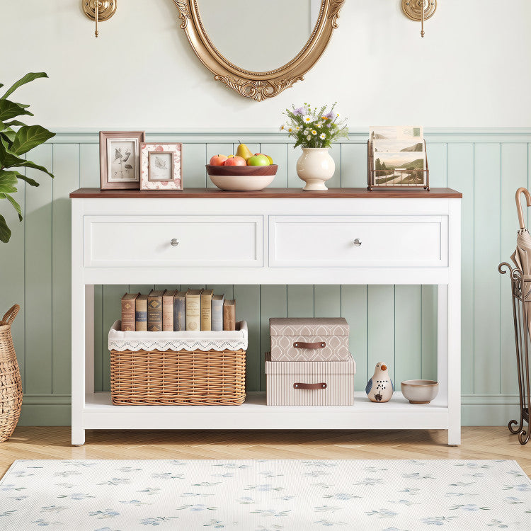 Farmhouse Console Table with 2 Drawers & Open Storage Shelf