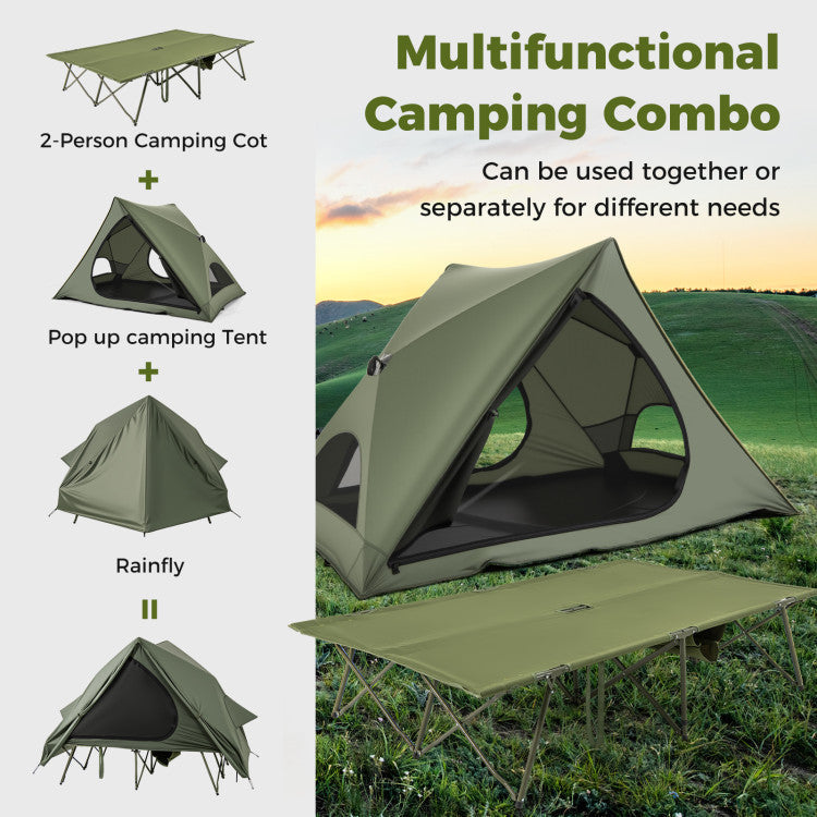 Foldable 2-Person Camping Cot Tent with Pop-up Tent Shelter and Portable Wheeled Bag