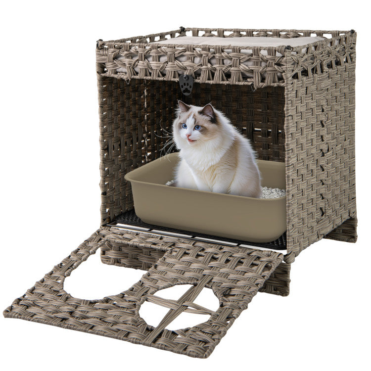 Foldable 2-tier Rattan Cat Litter Box Enclosure with Litter Mat