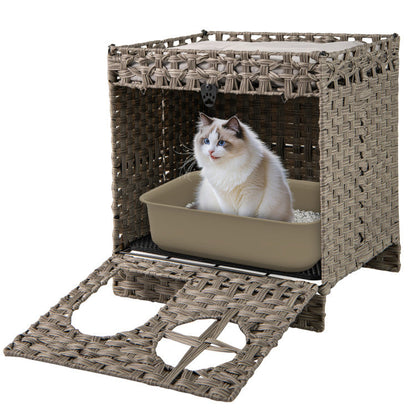 Foldable 2-tier Rattan Cat Litter Box Enclosure with Litter Mat