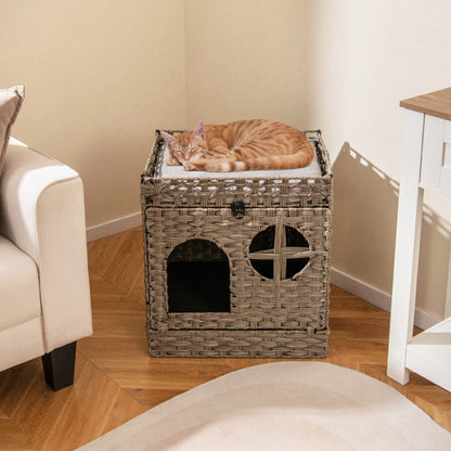 Foldable 2-tier Rattan Cat Litter Box Enclosure with Litter Mat