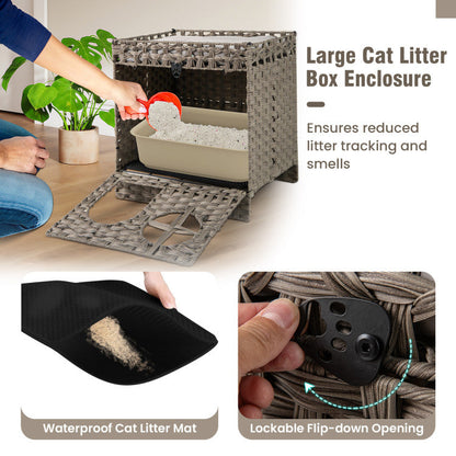 Foldable 2-tier Rattan Cat Litter Box Enclosure with Litter Mat
