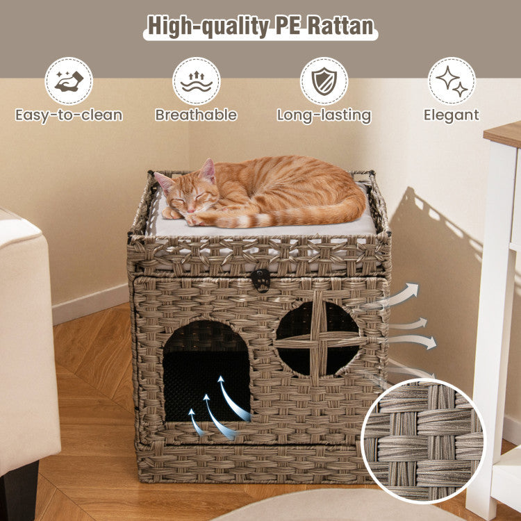 Foldable 2-tier Rattan Cat Litter Box Enclosure with Litter Mat