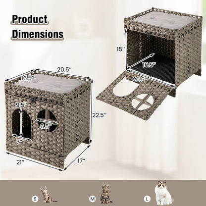 Foldable 2-tier Rattan Cat Litter Box Enclosure with Litter Mat