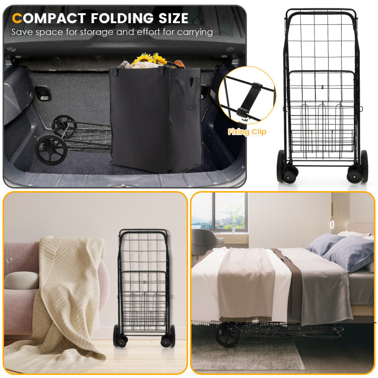 Folding Rolling Shopping Cart with Waterproof Liner and Basket