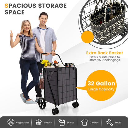 Folding Rolling Shopping Cart with Waterproof Liner and Basket