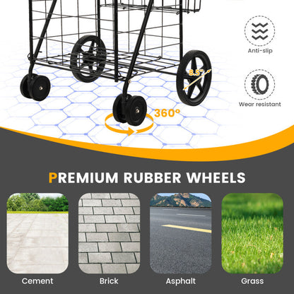 Folding Rolling Shopping Cart with Waterproof Liner and Basket