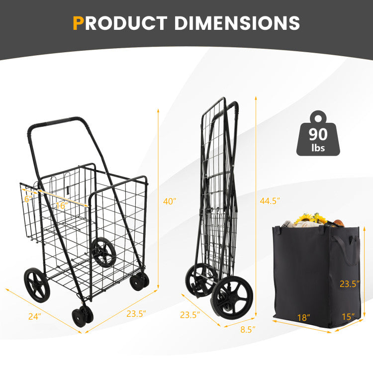 Folding Rolling Shopping Cart with Waterproof Liner and Basket