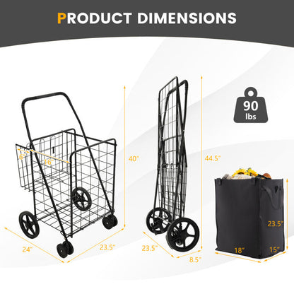 Folding Rolling Shopping Cart with Waterproof Liner and Basket
