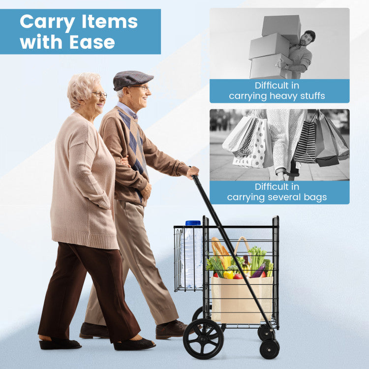 Folding Shopping Cart with Swiveling Wheels and Dual Storage Baskets