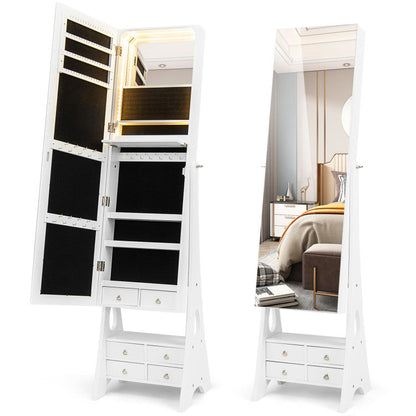 Freestanding Full Length LED Mirrored Jewelry Armoire with 6 Drawers and 3-Color LED Lights