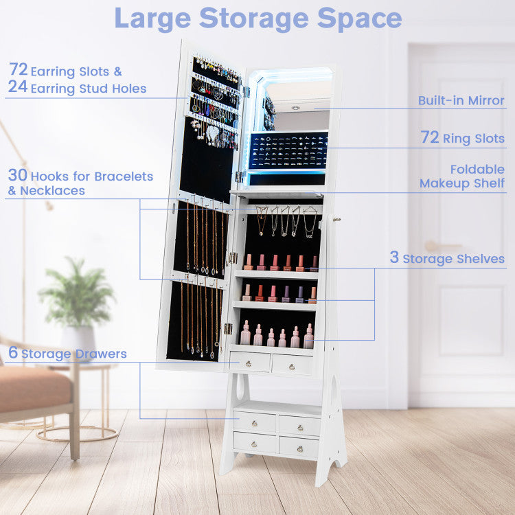 Freestanding Full Length LED Mirrored Jewelry Armoire with 6 Drawers and 3-Color LED Lights