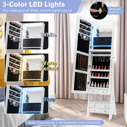 Freestanding Full Length LED Mirrored Jewelry Armoire with 6 Drawers and 3-Color LED Lights