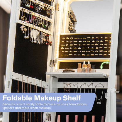 Freestanding Full Length LED Mirrored Jewelry Armoire with 6 Drawers and 3-Color LED Lights