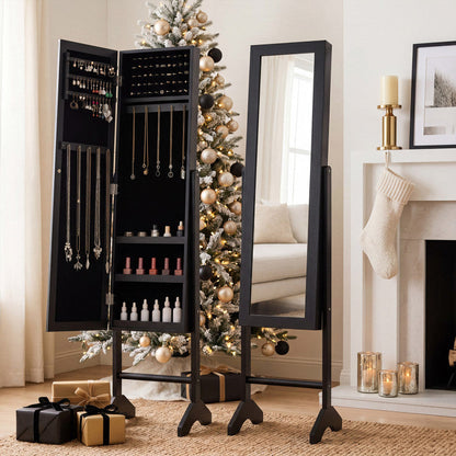 Freestanding Jewelry Armoire with Velvet Lining and Full Length Mirror