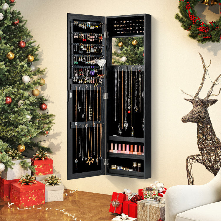 Wall or Door Mounted Jewelry Cabinet with Hooks & Storage Shelves