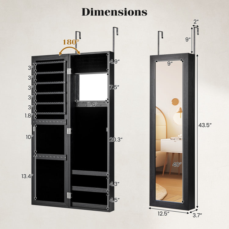 Wall or Door Mounted Jewelry Cabinet with Hooks & Storage Shelves