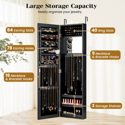 Wall or Door Mounted Jewelry Cabinet with Hooks & Storage Shelves
