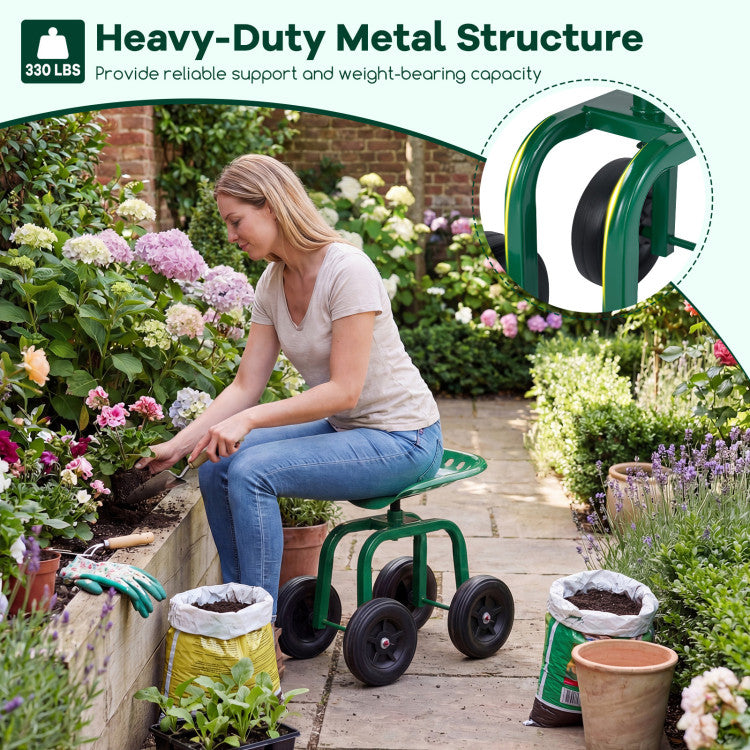 Garden Rolling Workseat with 360° Swivel Seat and Adjustable Height