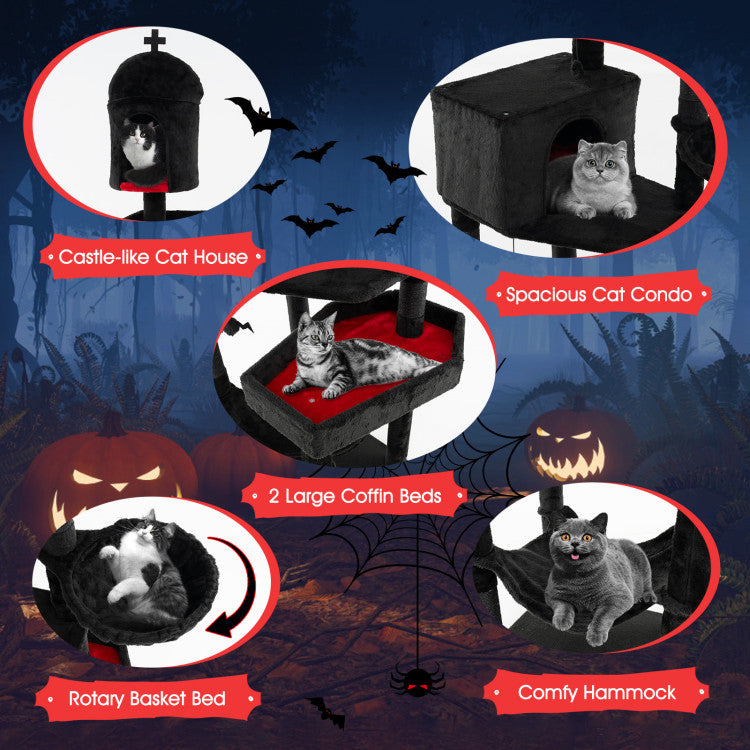 Gothic Cat Tree with 2 Cat Condos and Coffin Bed for Indoor Cats