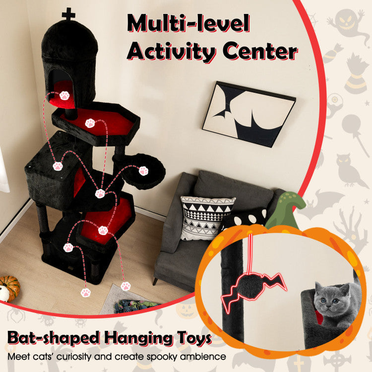 Gothic Cat Tree with 2 Cat Condos and Coffin Bed for Indoor Cats