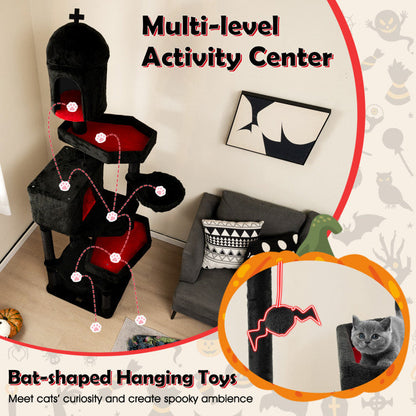 Gothic Cat Tree with 2 Cat Condos and Coffin Bed for Indoor Cats