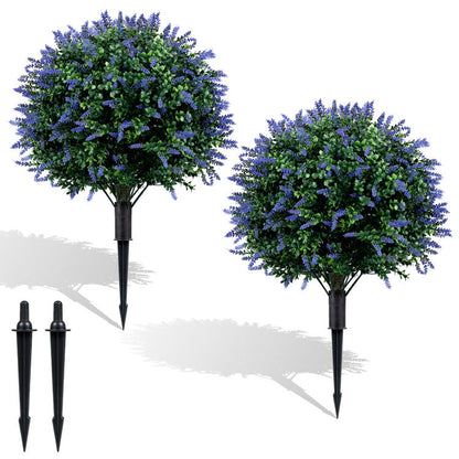 2 Pack Artificial Lavender Boxwood Topiary Ball Trees with Ground Spikes