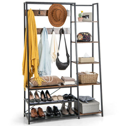 5-in-1 Entryway Hall Tree with Storage Bench with 9 Hooks