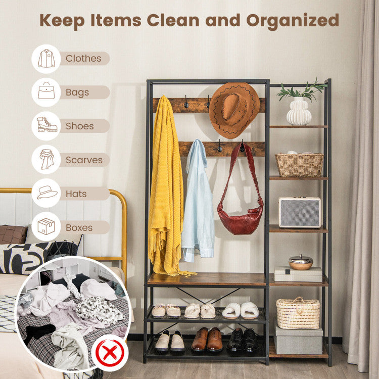 5-in-1 Entryway Hall Tree with Storage Bench with 9 Hooks