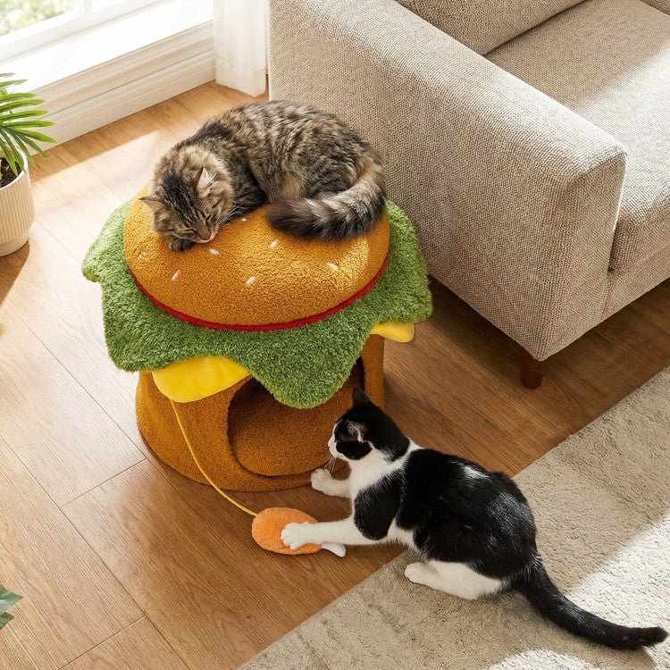 Hamburger Cat Nest with Chicken Drumstick Toy and Removable Cushion for Indoor Cats