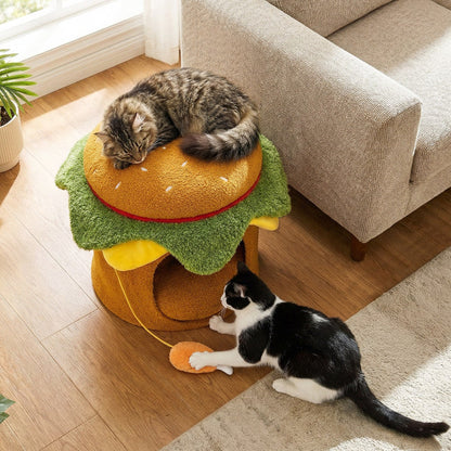 Hamburger Cat Nest with Chicken Drumstick Toy and Removable Cushion for Indoor Cats