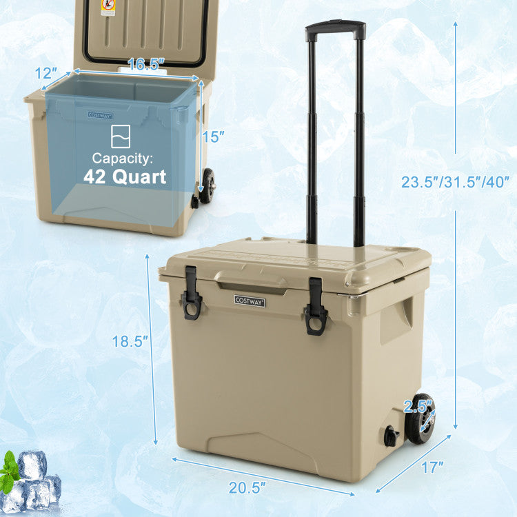 42 Quart Insulated Large Hard Cooler with Wheels and Handle