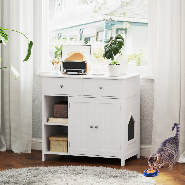 Hidden Cat Washroom Side Cabinet Wooden Pet House with 2 Drawers