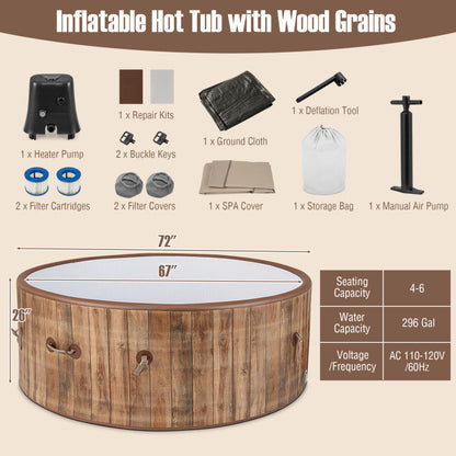 72 Inches Inflatable Hot Tub SPA with 120 Air Jets Electric Heater Pump for 4-6 Person