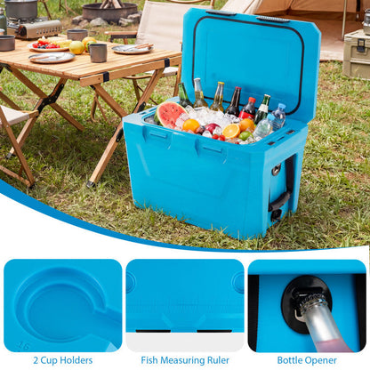Insulated Portable Cooler Hard Shell Ice Chest with 2 Cup Holders Bottle Opener and Drain Plug