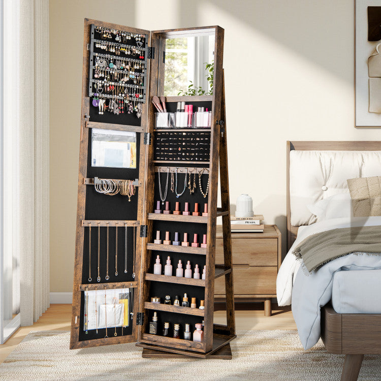 360° Swivel Jewelry Armoire Standing Jewelry Organizer with Full Length Mirror and Back Shelves