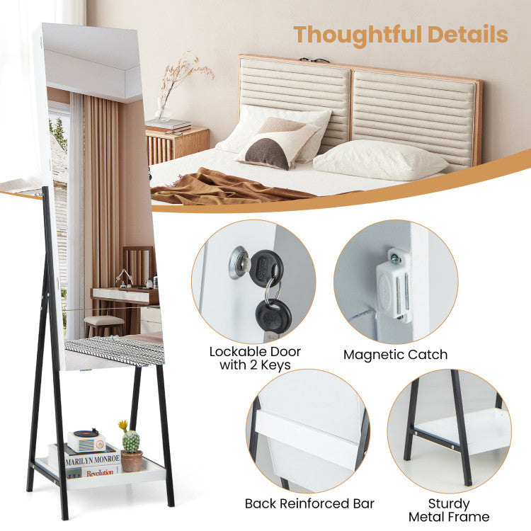 Lockable Freestanding Jewelry Organizer with Full-Length Frameless Mirror