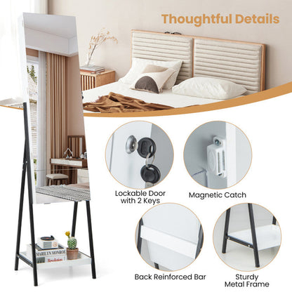Lockable Freestanding Jewelry Organizer with Full-Length Frameless Mirror