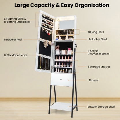 Lockable Freestanding Jewelry Organizer with Full-Length Frameless Mirror