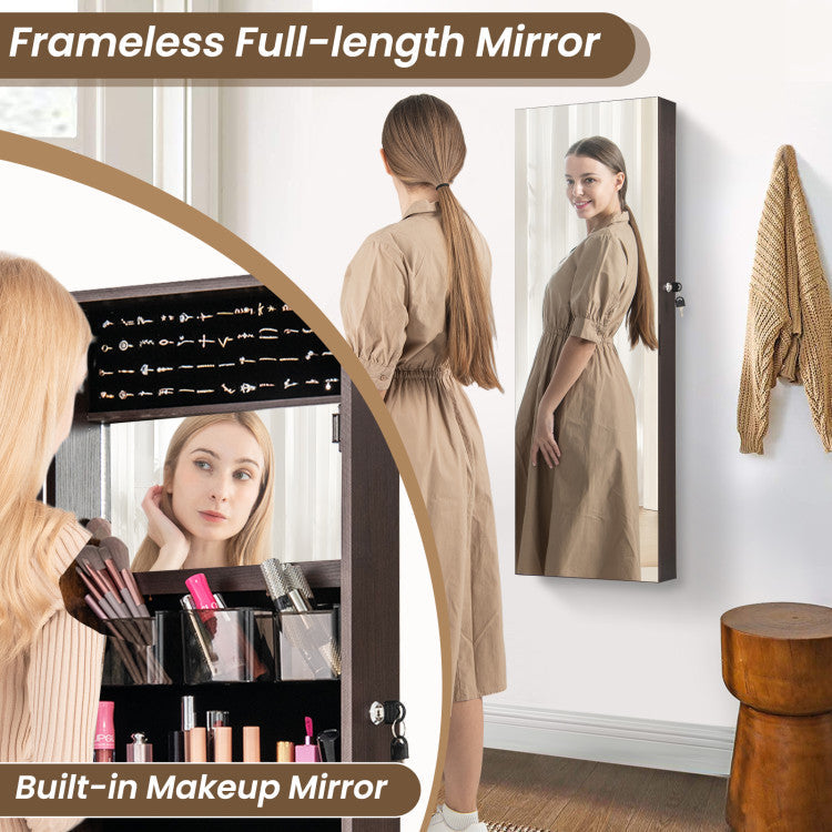 43.5 Inch Jewelry Mirror Cabinet with Full-length Mirror and Adjustable Hangers