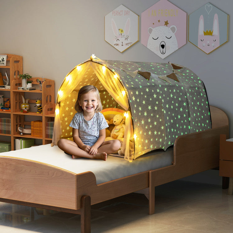 Kids Dream Bed Tent Twin Bunk Bed with Glow in the Dark Stars and Lights
