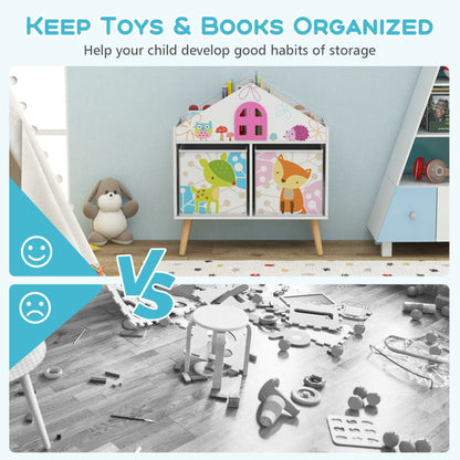 Kids House-shaped Bookshelf with 2 Storage Bins for Kids Room Playroom